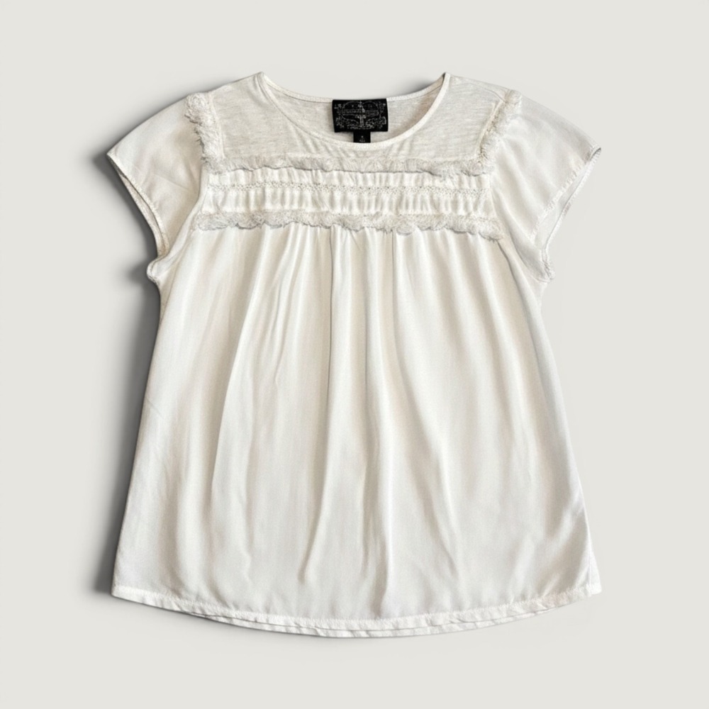 James Coviello Blouse Womens Medium White Fringe Short Sleeve Boho Tunic Top